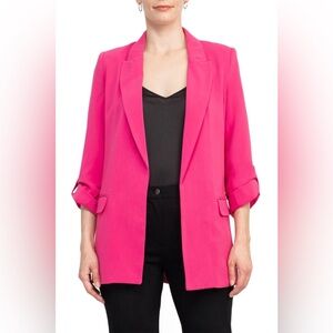 T Tahari Lapel Collar 3/4 Roll Sleeve Open Front Woven Blazer